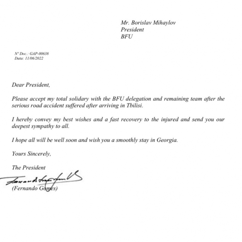 Президентът на Португалската федерация с писмо в подкрепа на Тодор Неделев